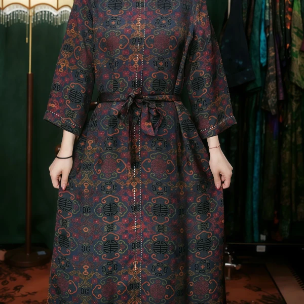 恭喜发财 L明线设计长袖早秋长袖长款复古洋气大气连衣裙