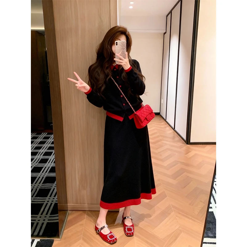 韩系一整套深冬穿搭法式温柔风黑色针织半身裙子女超好看冬裙套装