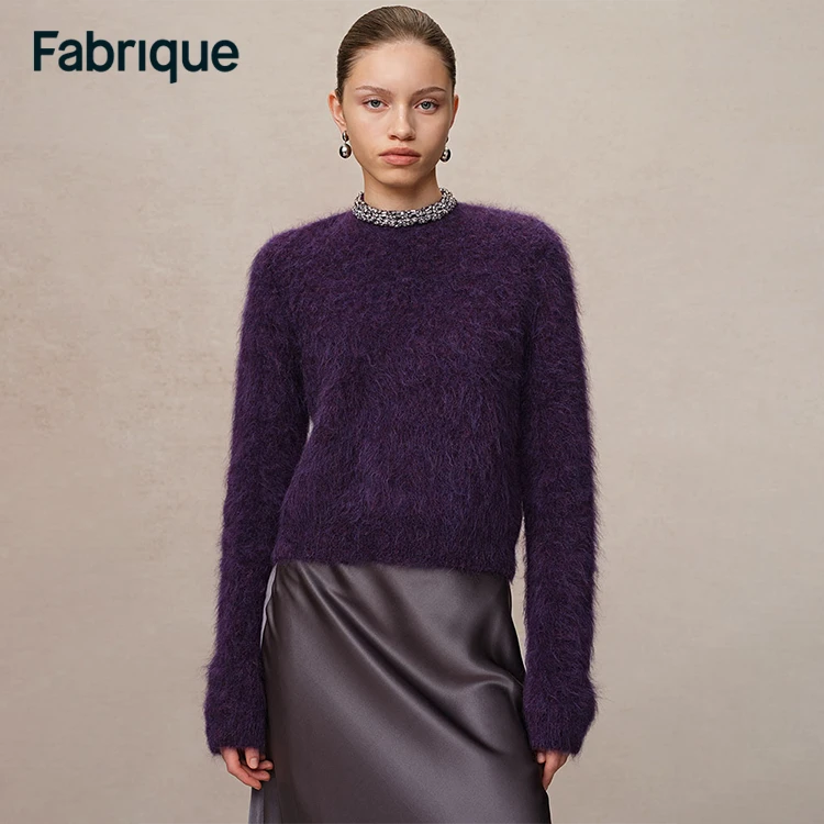 【达人专享】Fabrique秋冬新款藤萝紫羊驼毛镶钻圆领设计感针织毛衣