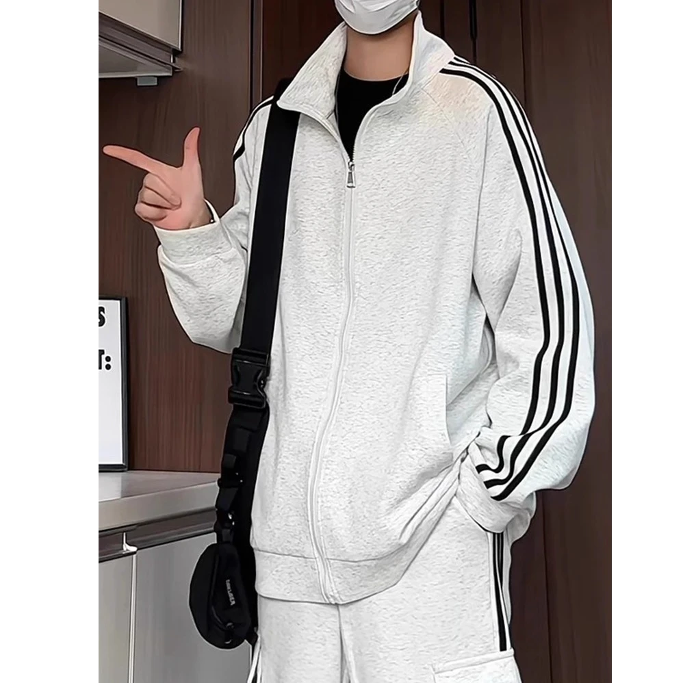 潮牌三条杠开衫卫衣条纹立领夹克男生春秋潮流宽松休闲运动外套