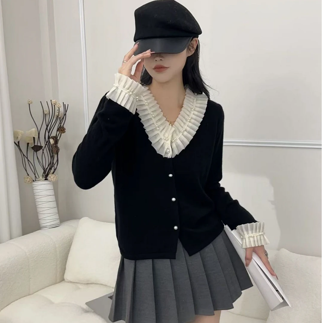 高级感气质荷叶边长袖新款修身小开衫