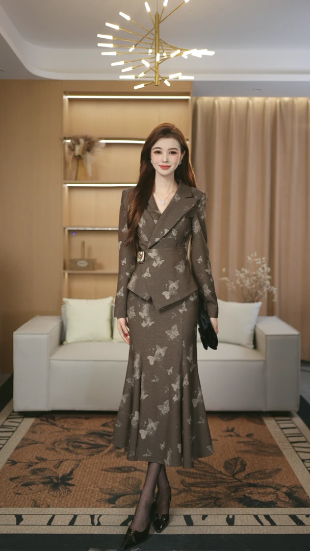 罗曼定制 高定原创蝴蝶时尚气质名媛收腰上衣女+鱼尾裙套装