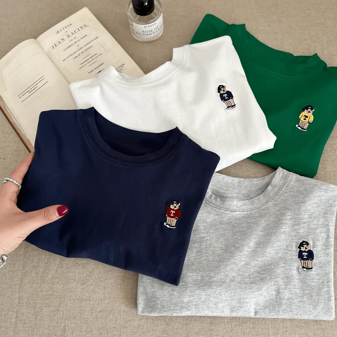 儿童T恤春秋男女童卡通刺绣小熊长袖T宝宝纯棉打底衫圆领潮百搭潮