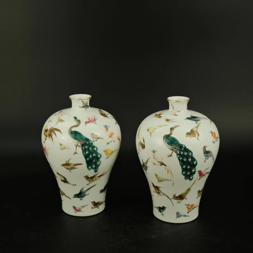 JL-2412-0064-清乾隆粉彩百鸟朝凤梅瓶古董瓷器