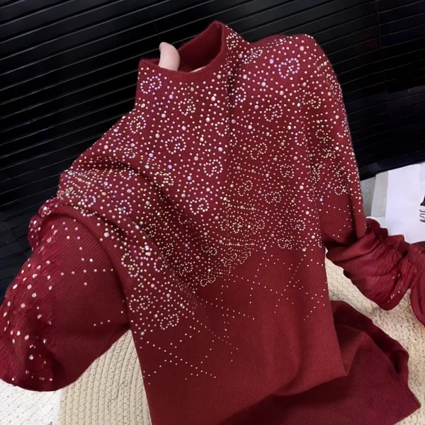 2025秋冬新款女烫钻圆领套头针织打底衫时尚宽松显瘦毛衣内搭上衣