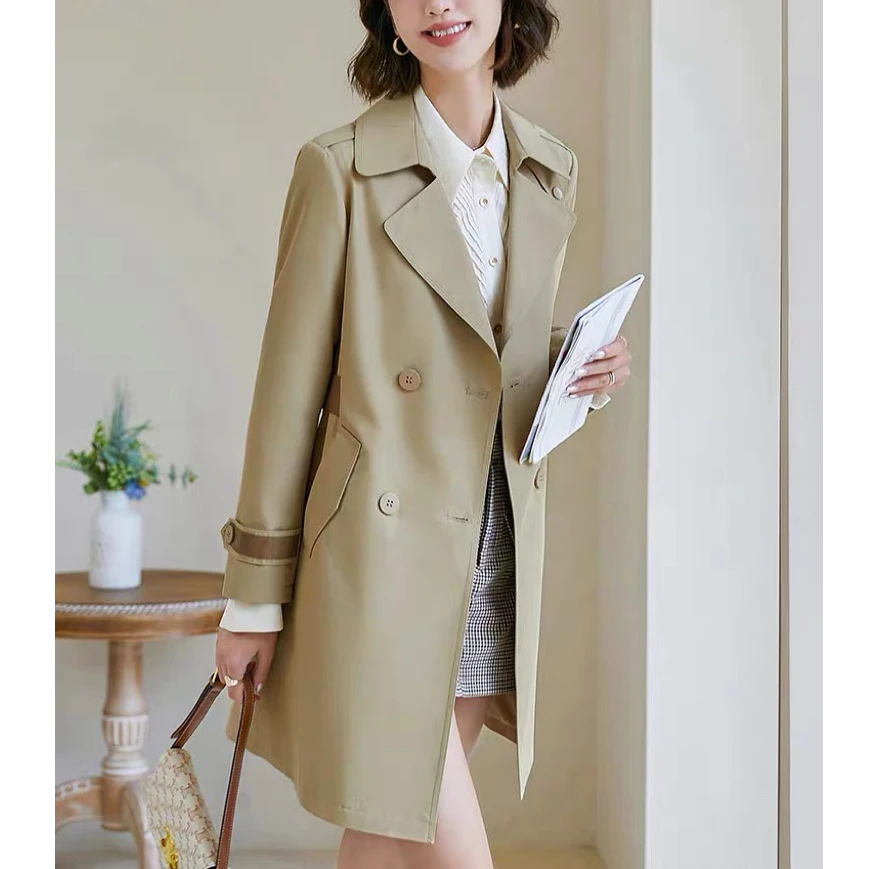 【230款】2025新款春季女装西服领两排扣中长风衣外套