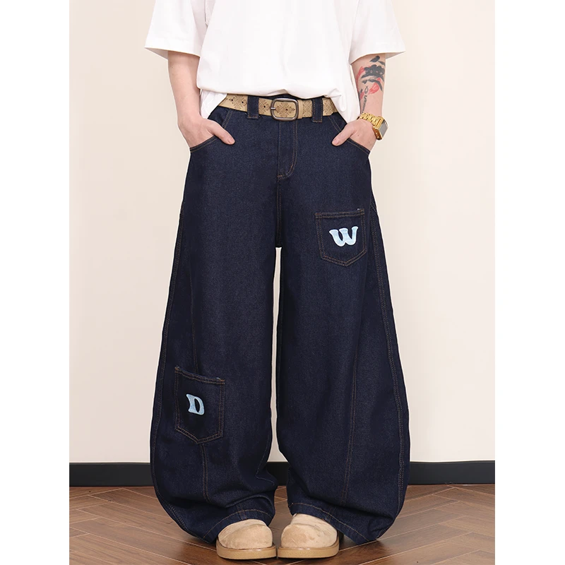 ProMax复古丹宁色字母多口袋弯刀阔腿牛仔裤女宽松直筒拖地裤子男