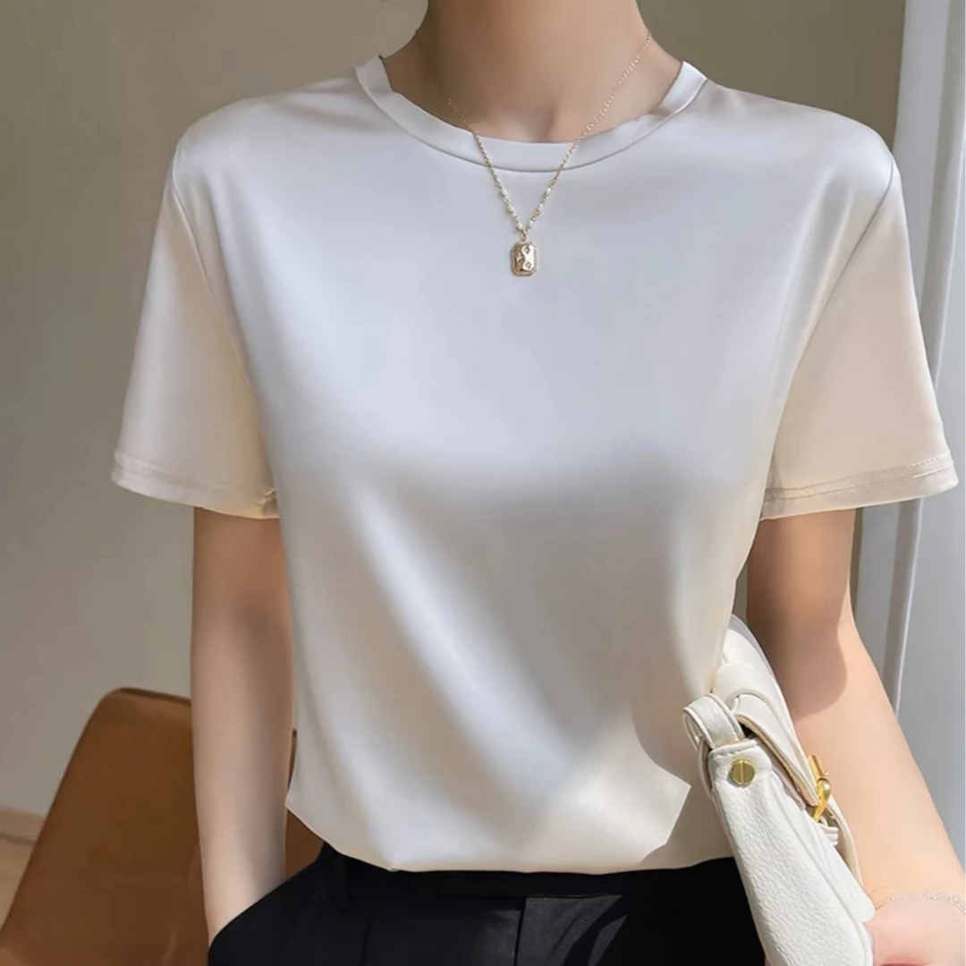 缎面凉感夏季百搭气质白色纯色宽松缎面圆领外穿短袖