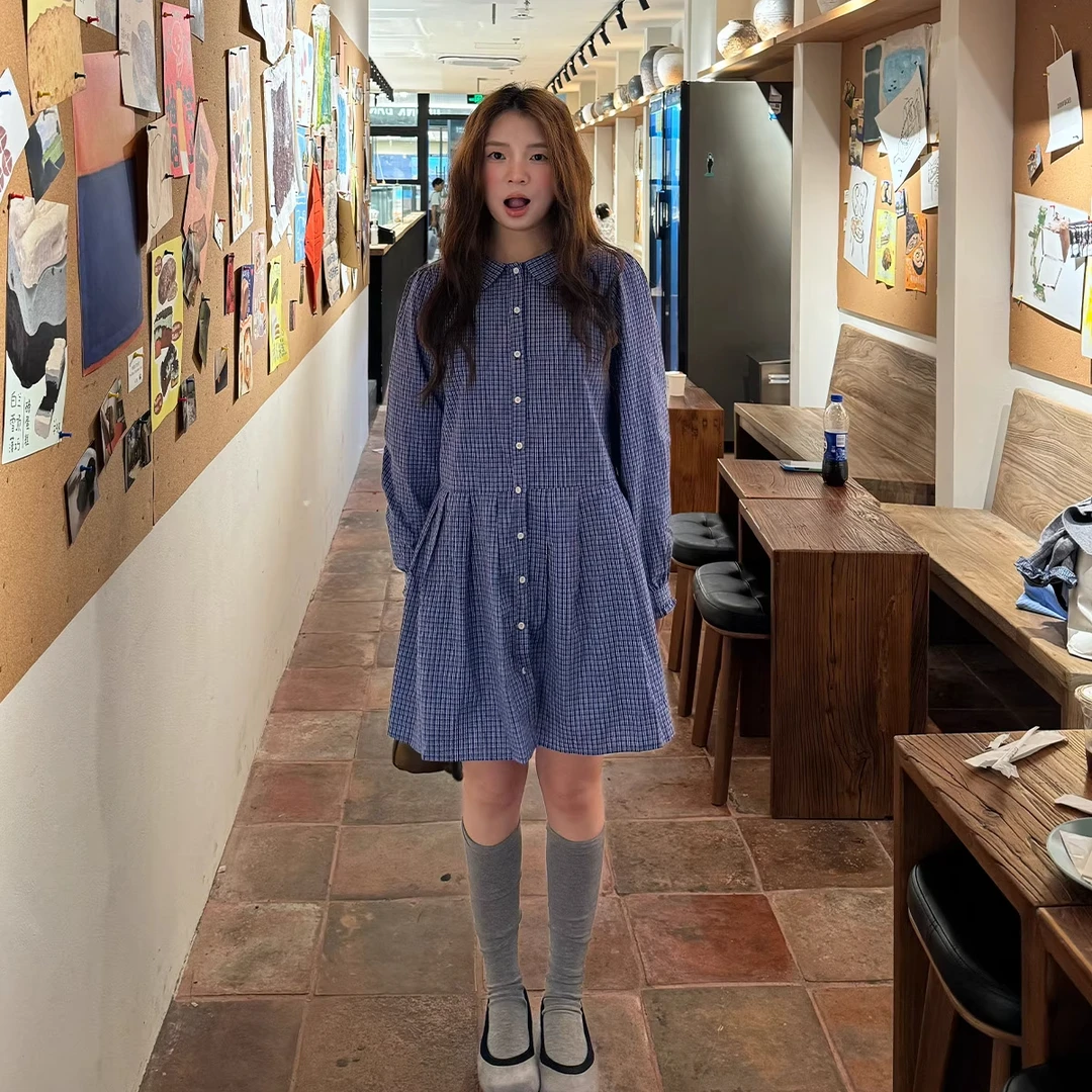 韩系早初秋微胖穿搭套装慵懒学院连衣裙搭配灰色针织开衫两件套女