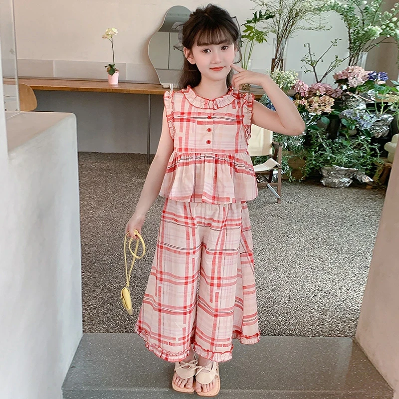 女童套装儿童时尚红白格子阔腿裤两件套3-15岁夏季女孩格纹甜美潮