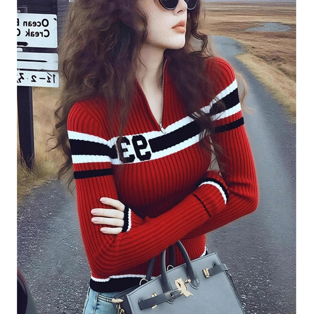 巨好看韩系上衣冬季独特漂亮小众设计感修身半高领红色立领针织衫