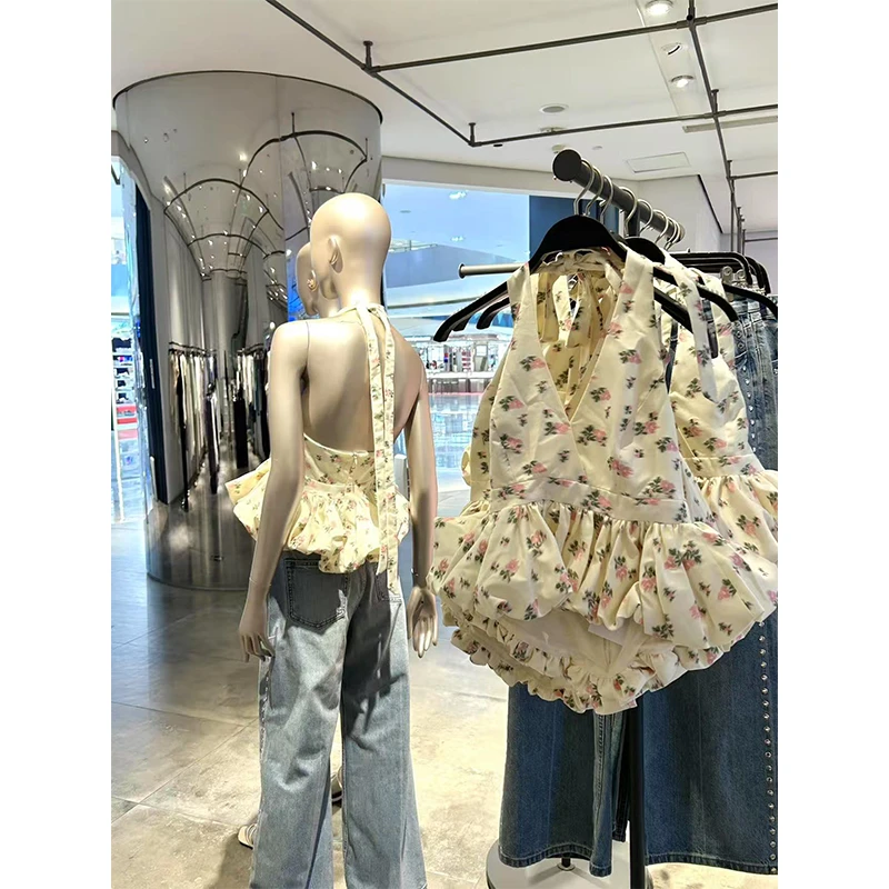 时尚穿搭女V领无袖系带碎花显瘦复古百搭小众气质法式设计款上衣