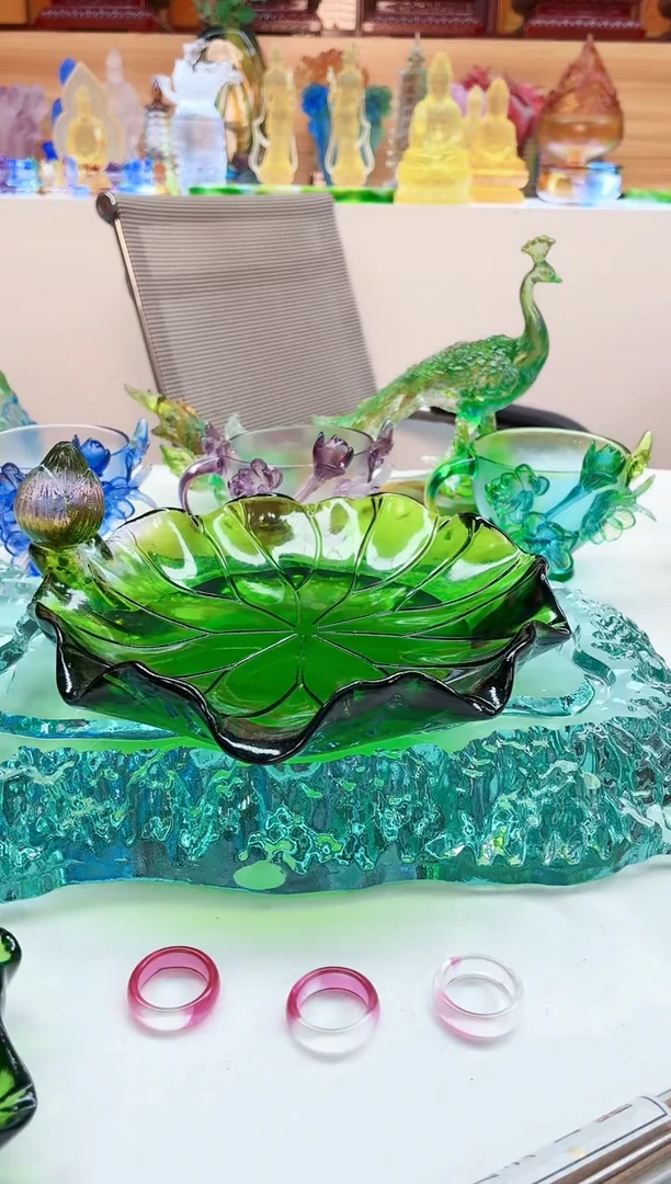 手工艺品琉璃绿色荷花杯碟果盘壶承20公分