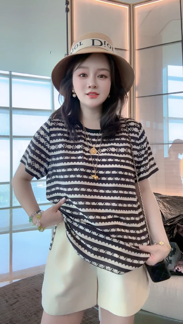 【丝芙玉禄】(F990)真丝双绉创意黑白条气质时尚显瘦桑蚕丝t恤上衣