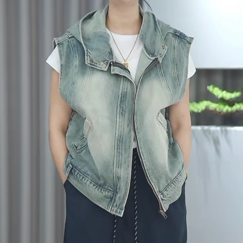 【衣长57-60】无袖连帽马夹宽松牛仔马甲6029