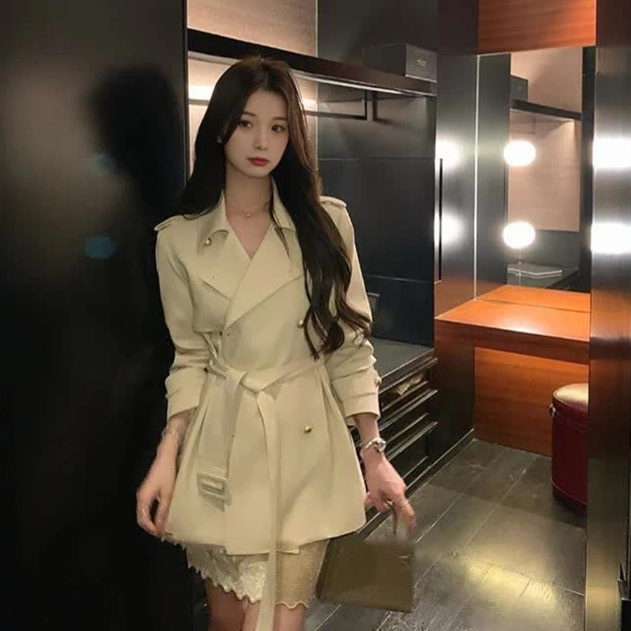 新建英伦风翻领双排扣收腰系带秋季新款小个子风衣女气质短款外套