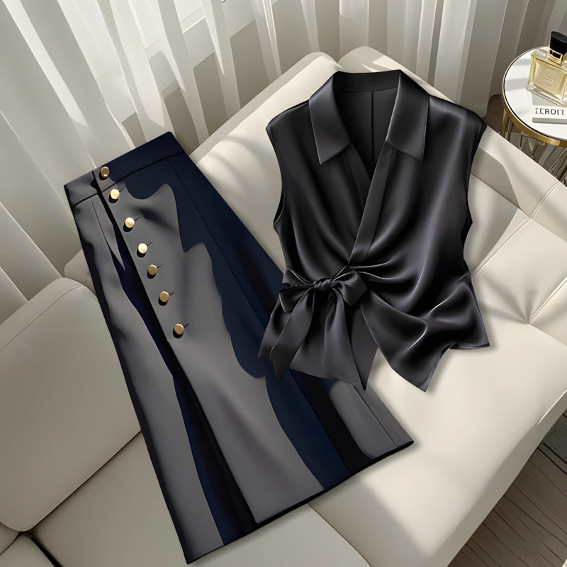 2025夏季时尚套装法式高级设计感气质无袖衬衫上衣垂感a字半身裙
