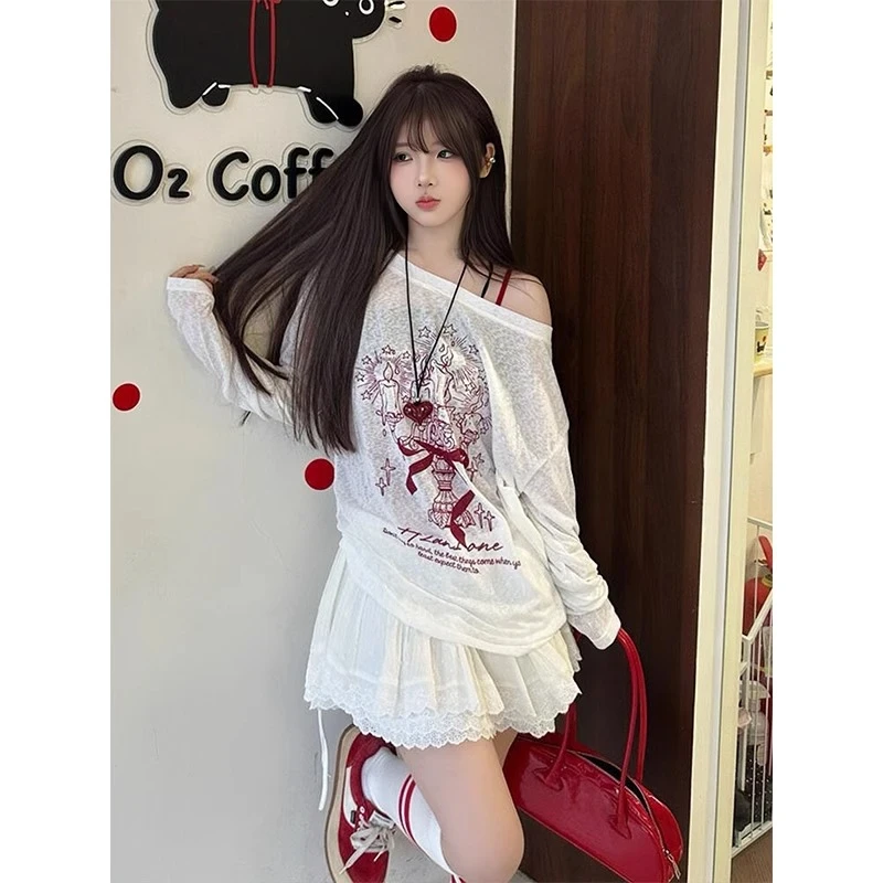 慵懒风斜肩长袖t恤女春季新款涂鸦印花白色防晒罩衫宽松休闲上衣