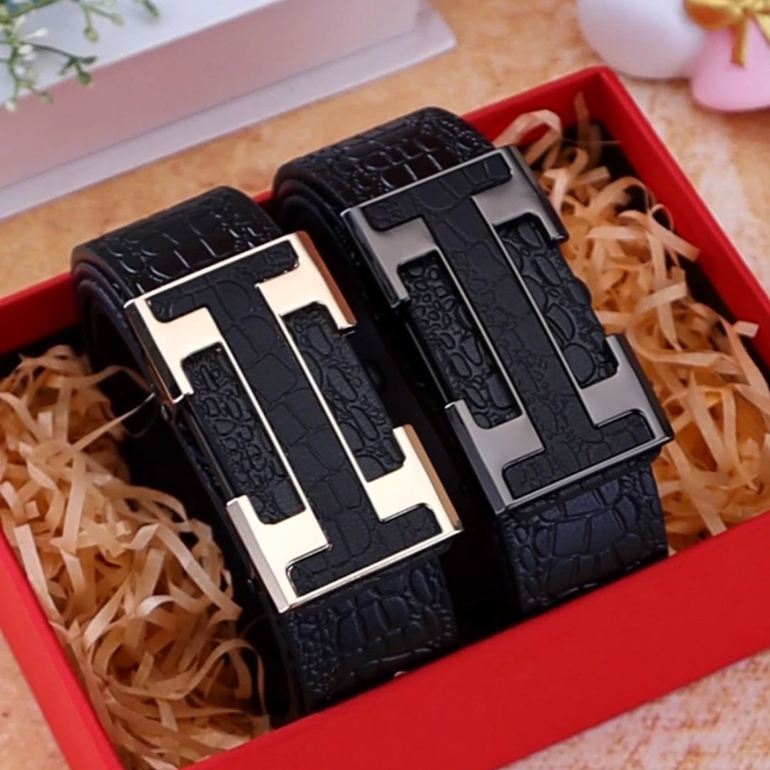 男士鳄鱼纹牛皮皮带高档品牌无牙自动扣腰带男款商务百搭时尚轻奢