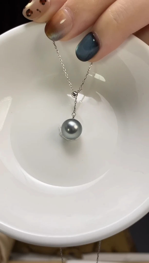 项链银S925镶嵌海水珍珠9-10大溪地黑珍珠项链