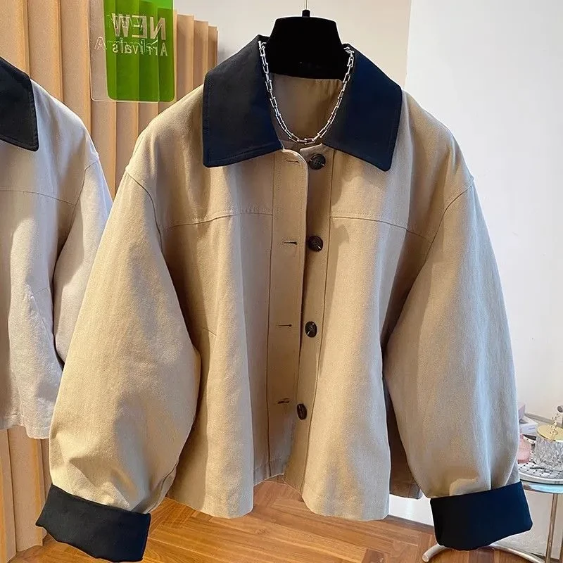 韩国高级感撞色翻领风衣外套女春秋2025新款宽松百搭工装夹克上衣