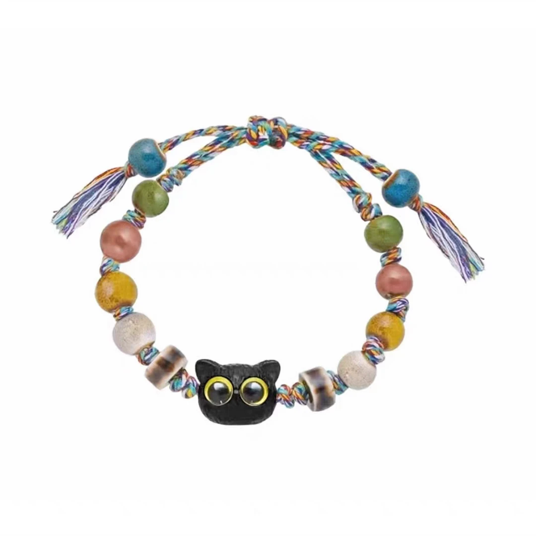 合成金属陶瓷手链 【A300】猫咪骷髅编织绳手链女个性手串