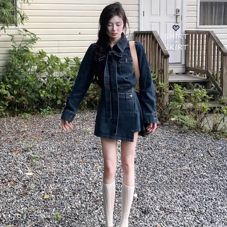 甜辣妹系带蝴蝶结长袖牛仔外套不规则显瘦短裙女2025早春时尚套装