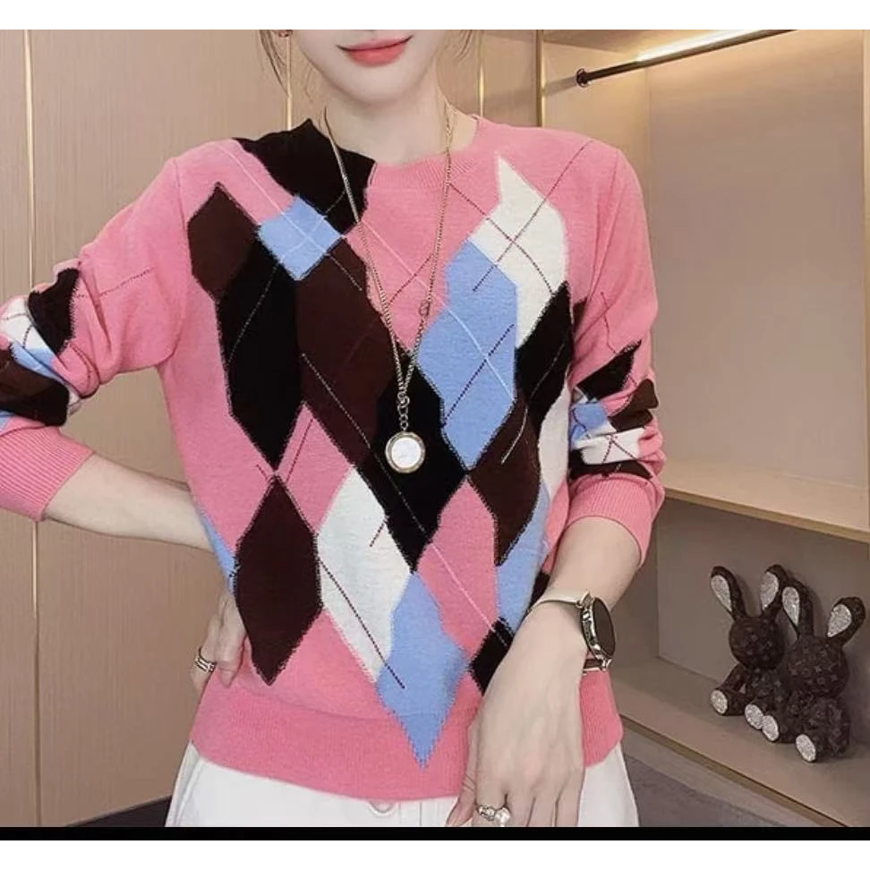 100%绵羊毛菱形格女式羊毛衫25DAK0058