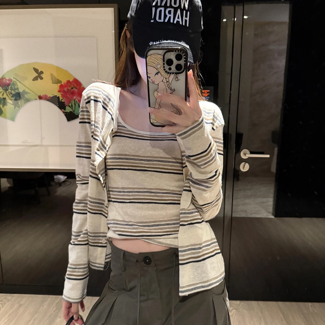 慵懒撞色条纹长袖针织开衫女夏季休闲套装修身吊带背心上衣两件套