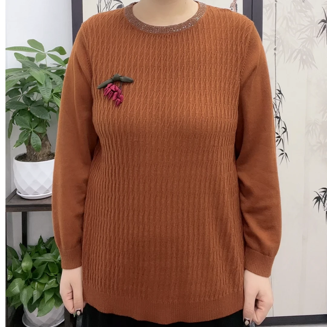8083纯色立体花饰长袖套头圆领秋冬毛衣