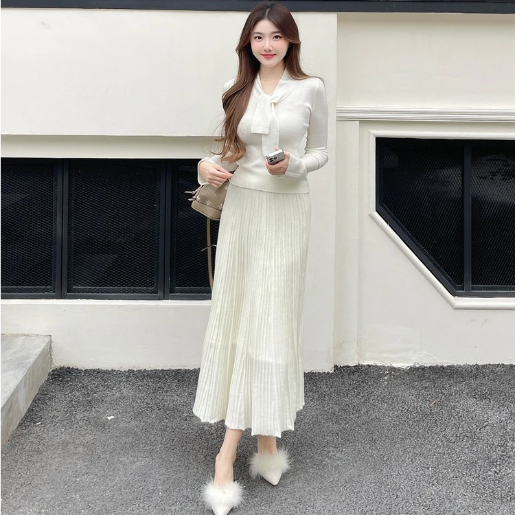 优雅精纺羊毛针织衫女秋冬新款系带百搭打底上衣秋季纯色修身内搭