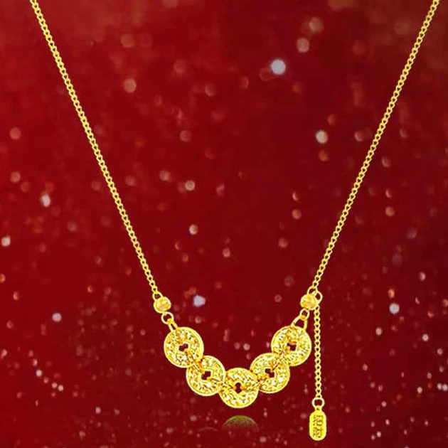 铜合金项链 碎碎冰五帝钱币项链女轻奢小众高级新中式独特锁骨链