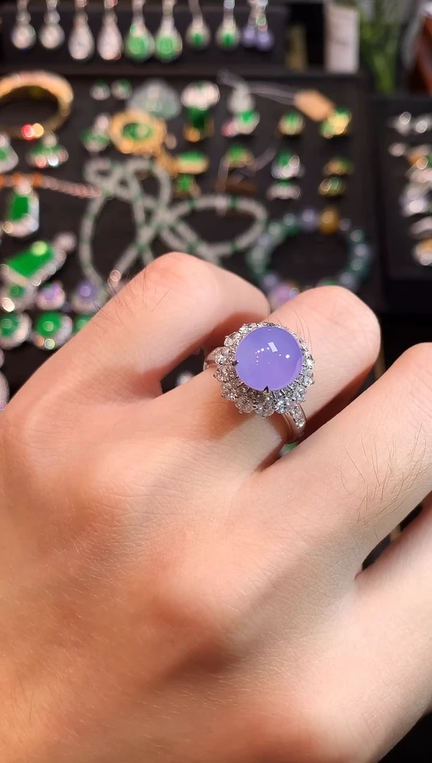 18K金镶嵌戒指翡翠高冰玻紫罗兰蛋面戒指