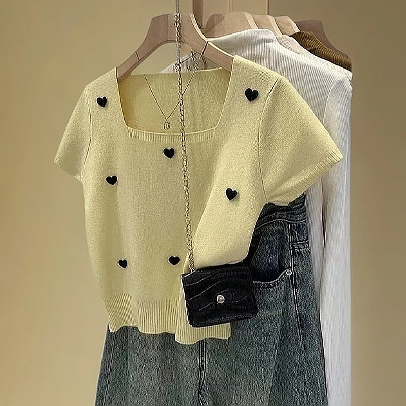 892#大码设计感超好看大码爱心方领短袖针织衫2025夏季新款T恤