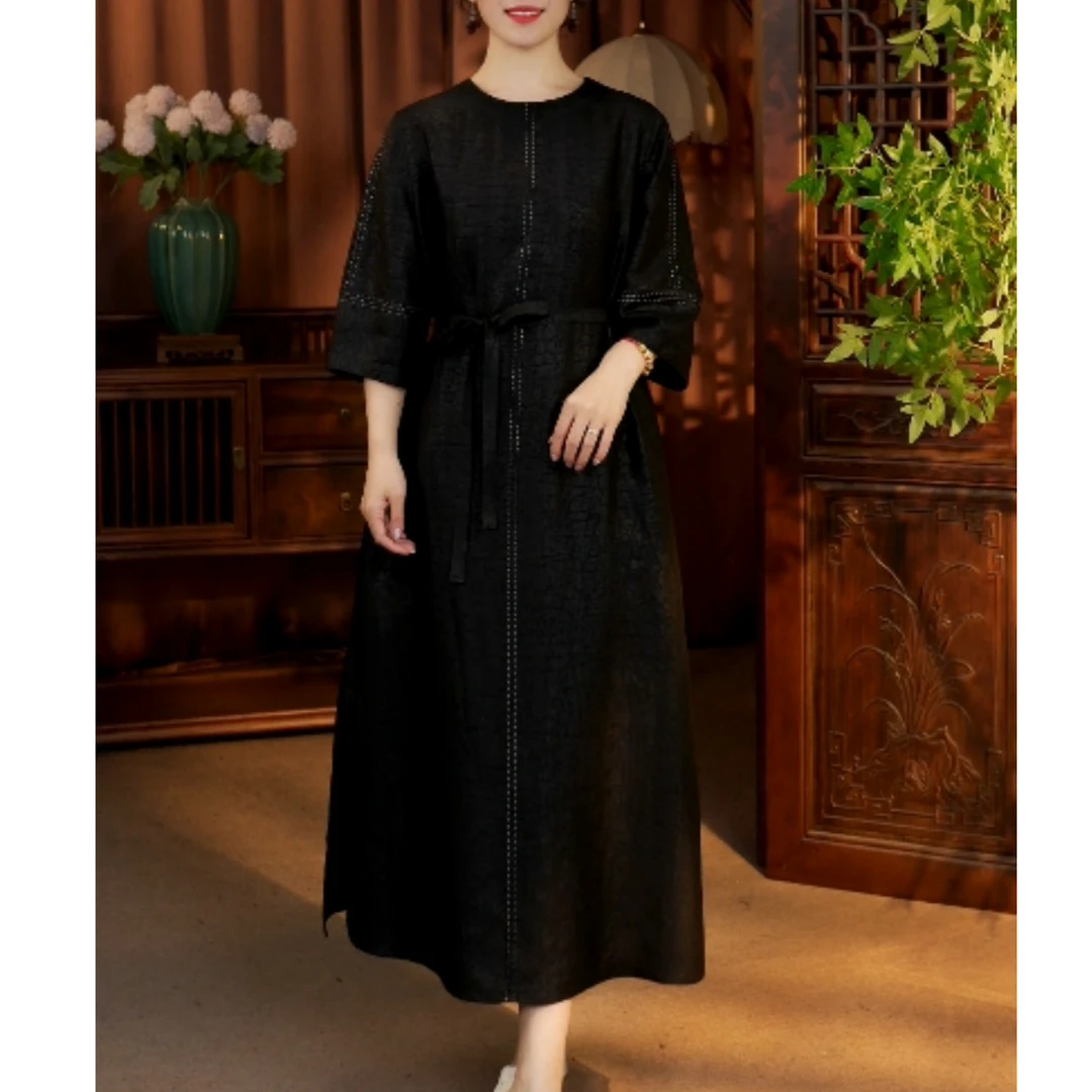 【缎龟】夏季时尚简约款龟裂纹香云纱连衣裙桑蚕丝圆领长裙25570