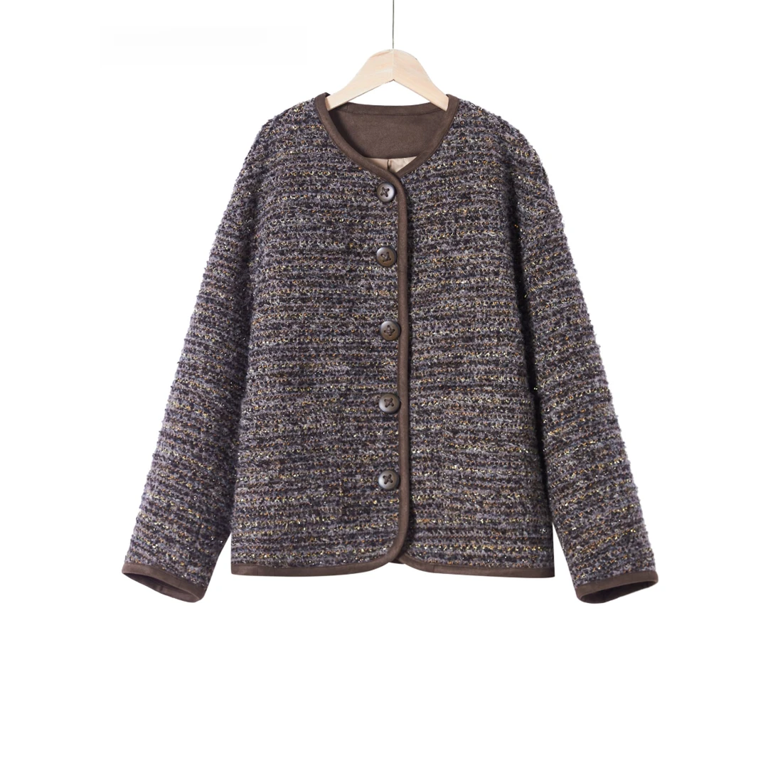 经典时尚小香风复古外套女时尚百搭单排扣粗花呢秋冬款圆领插肩袖