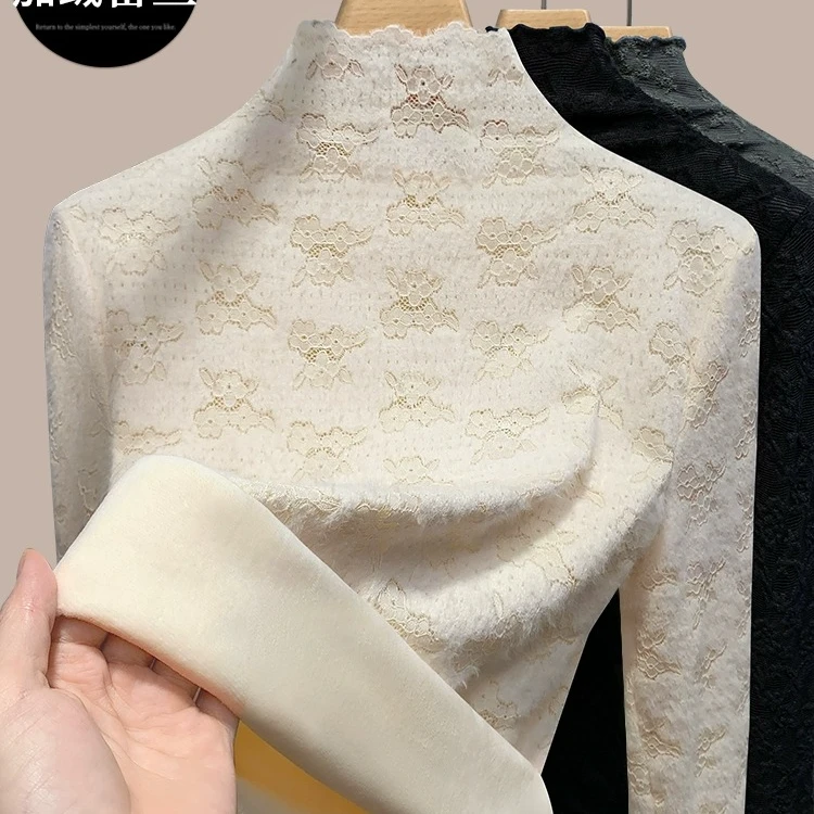 半高领加绒蕾丝打底衫女高级感内搭秋冬毛衣2025新款保暖针织上衣