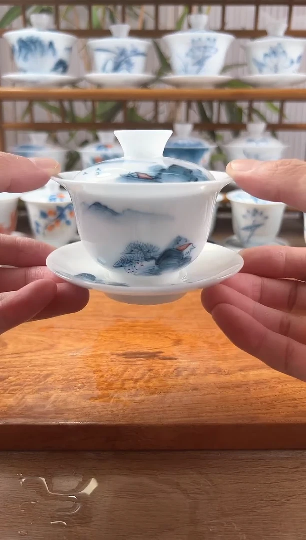 微瑕高冰千里江山130ml三才盖碗