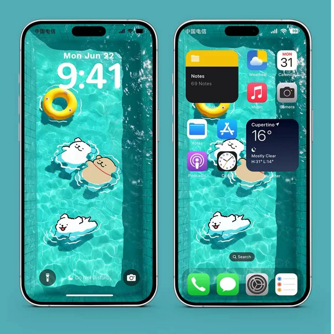 泳池线条小狗壁纸/苹果安卓可爱手机iPhone平板电脑4K高清办公