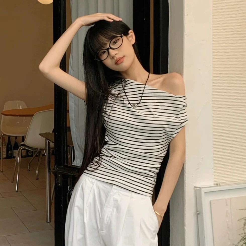辣妹夏季新款高级感宽松显瘦纯欲气质百搭条纹T恤撞色设计感上衣
