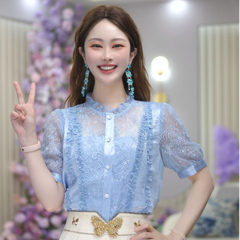 米娅 时尚衬衫夏季新款气质洋气法式蕾丝百搭减龄纯色上衣 DY5770