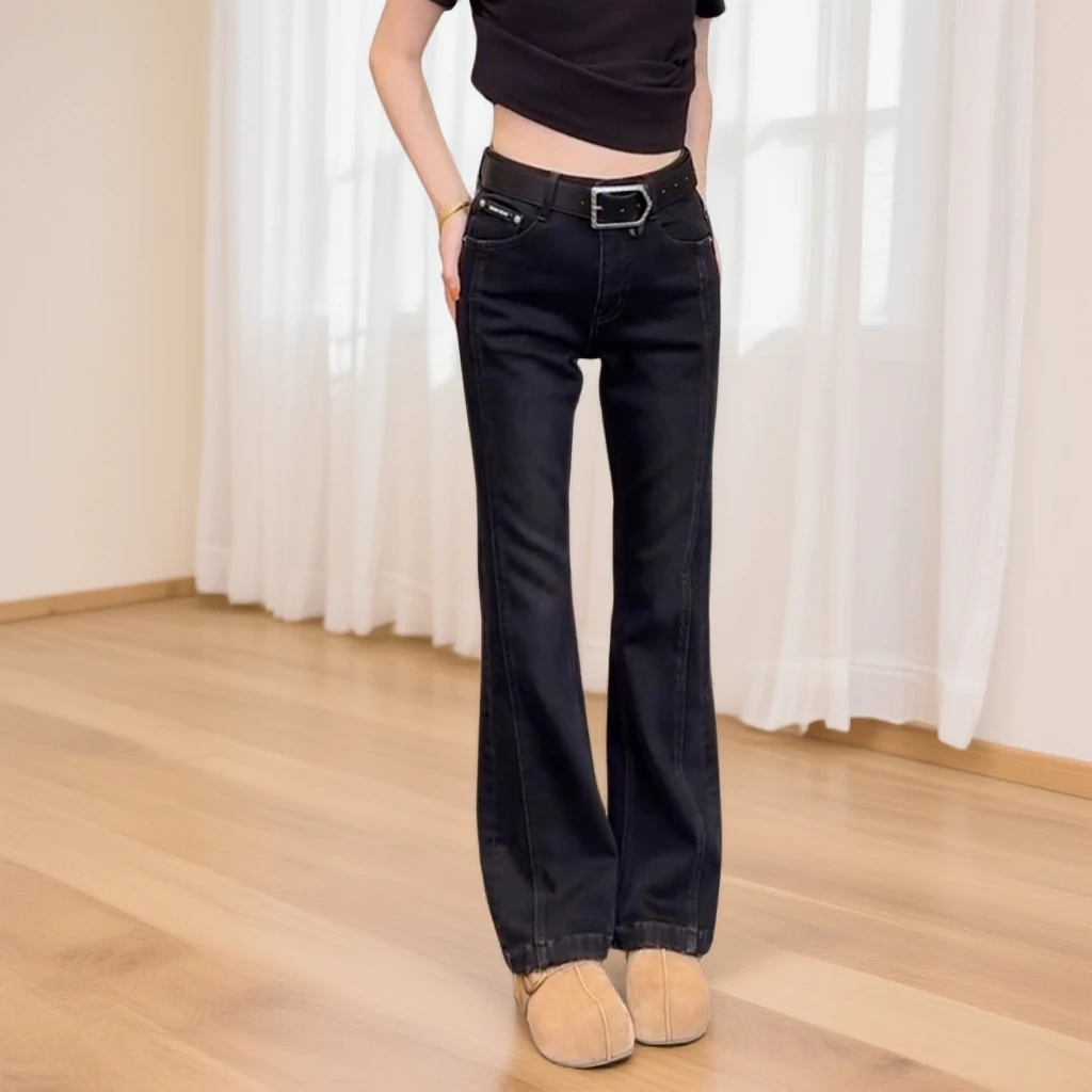 秋冬季加绒加厚复古直筒牛仔裤女高腰显瘦修身长裤黑色百搭微喇裤