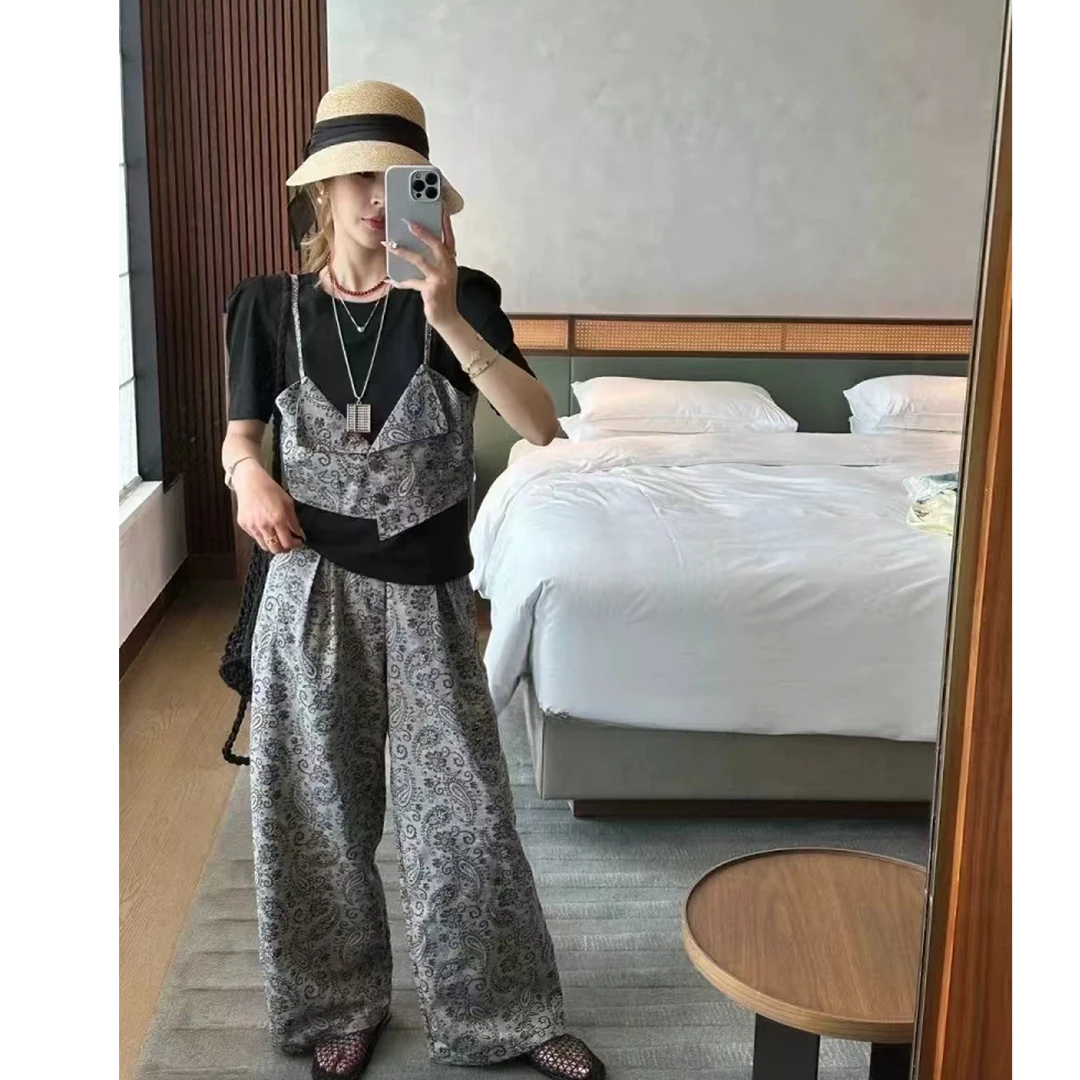 深圳南油高级感时尚吊带T恤假两件显瘦阔腿裤套装6689