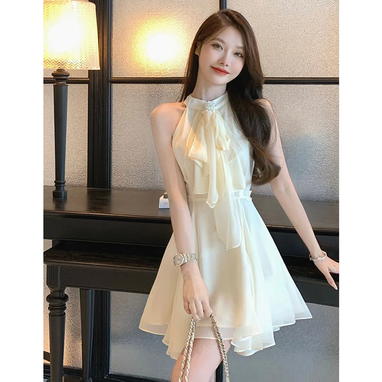 气质简约仙气日常公主连衣裙女装春夏新款无袖雪纺短裙字裙