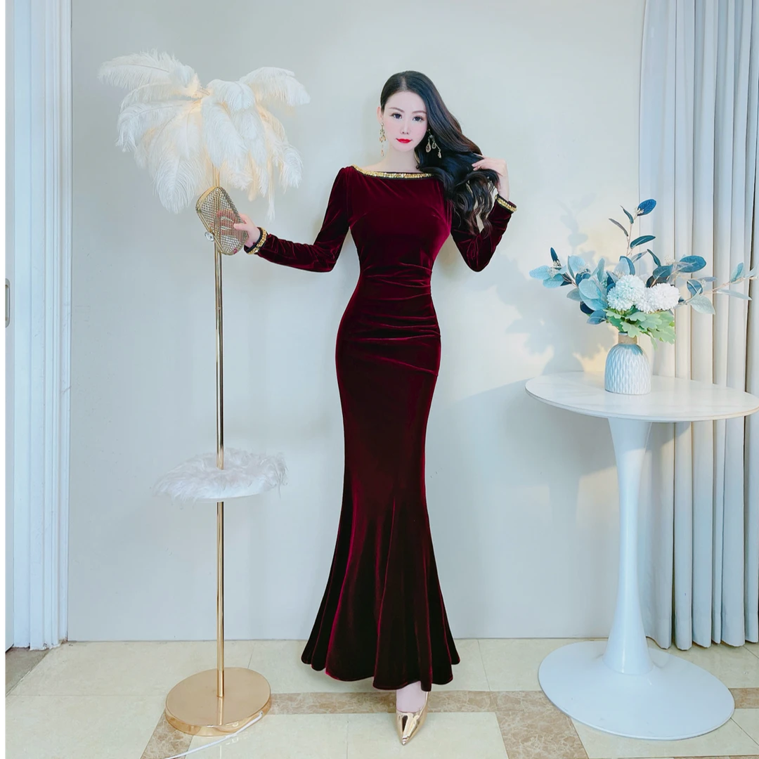 【雪儿原创】优雅气质女人味修身显瘦显高鱼尾长裙礼服丝绒连衣裙