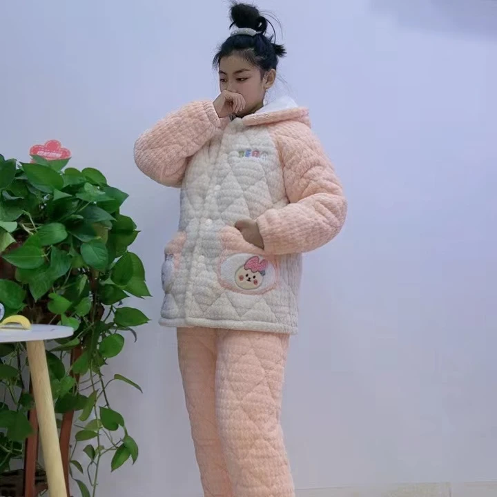 冬季新款-23201加绒加厚女孩青年睡衣三层加棉连帽毛绒家居服套装