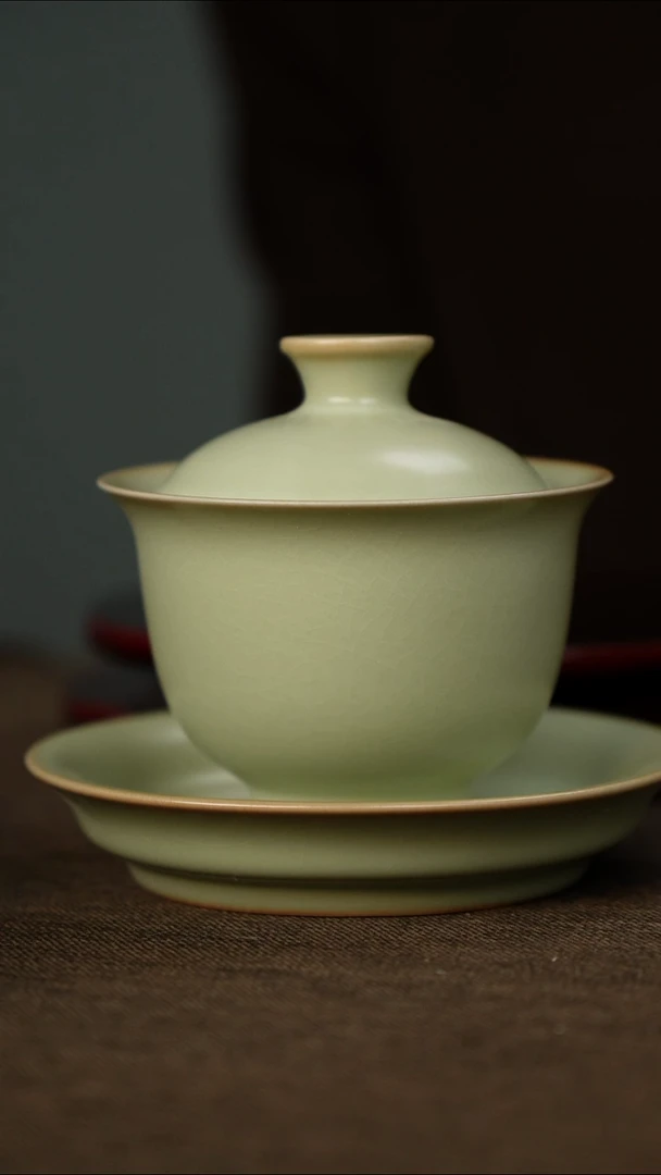 微微瑕 粉青 三才盖碗 无底款200容量