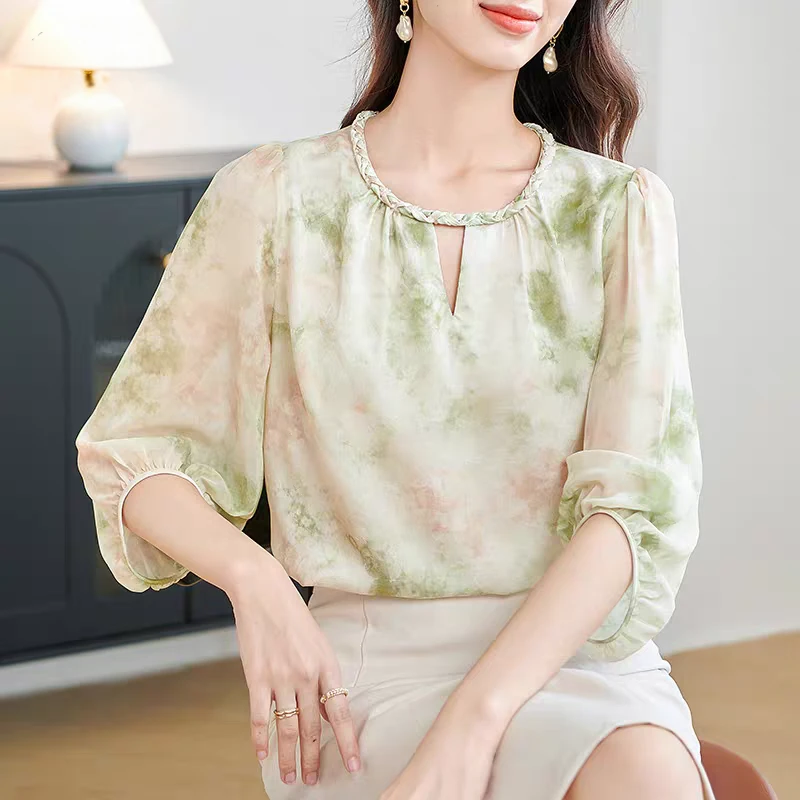 D750新中式国风印花女早秋2025宽松显瘦小衫高级感轻奢减龄女上衣