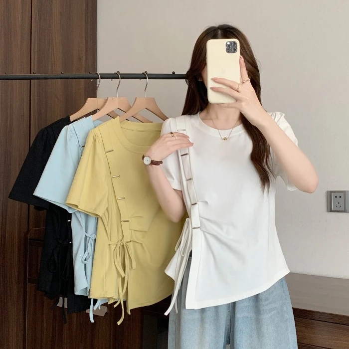 短袖正肩t恤女不规则系带上衣显瘦遮肚子胖mm大码圆领开叉打底衫