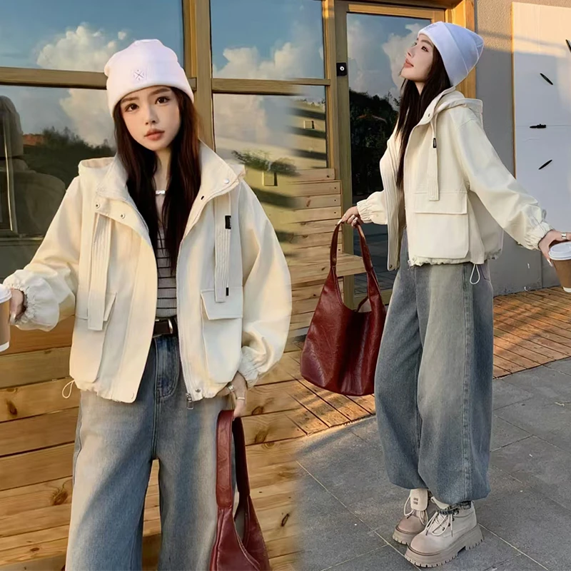 早秋新款时尚短款外套气质宽松休闲显瘦百搭工装连帽夹克上衣623